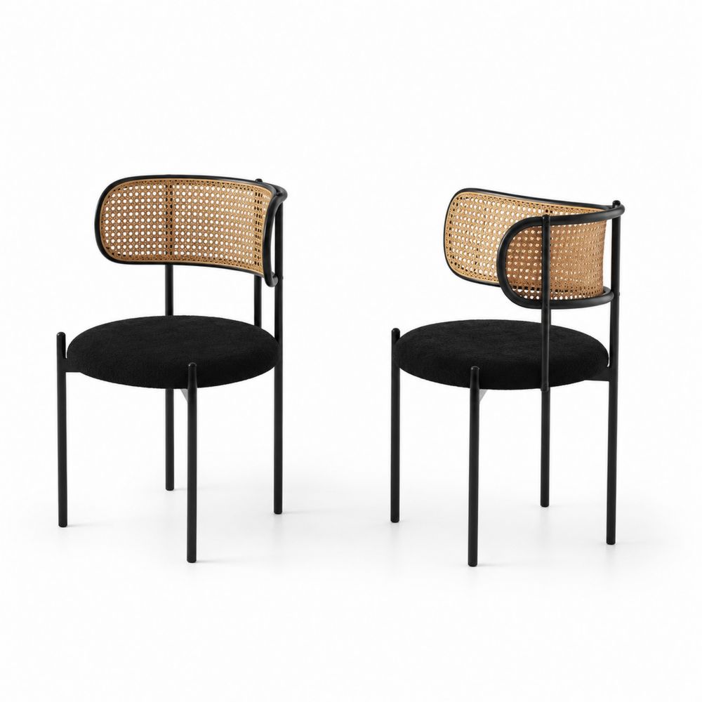 Lot de 2 chaises en rotin et métal avec assise en velours noir