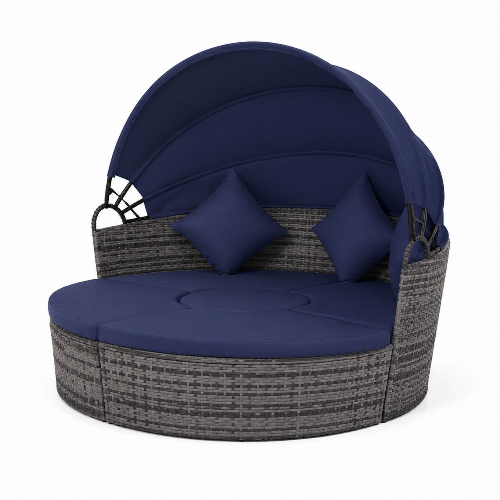 Canapé d'extérieur rond en osier tressé avec auvent et coussins en polyester Gris/Bleu foncé