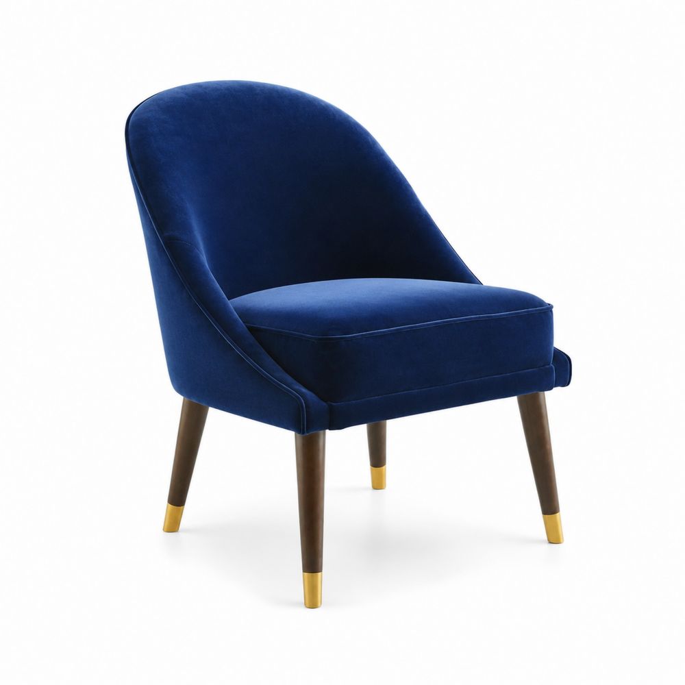 Chaise Velours Bleu avec Pieds Bois et Embouts Dorés