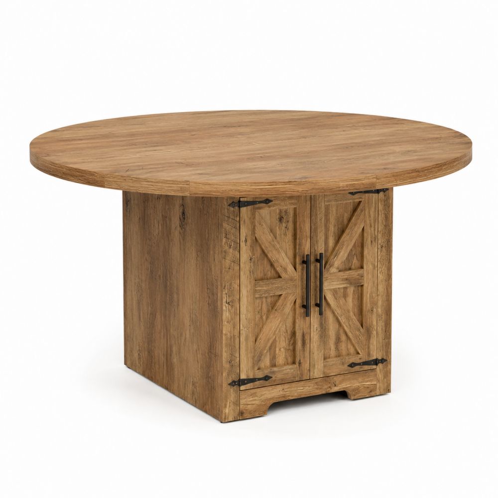 Table ronde en bois de chêne avec rangement intégré