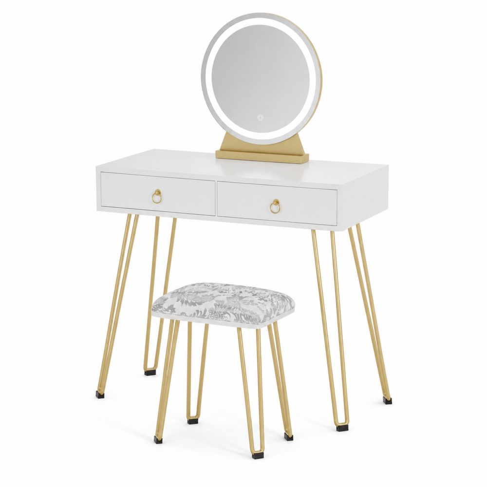 Coiffeuse avec miroir LED en bois MDF et métal doré