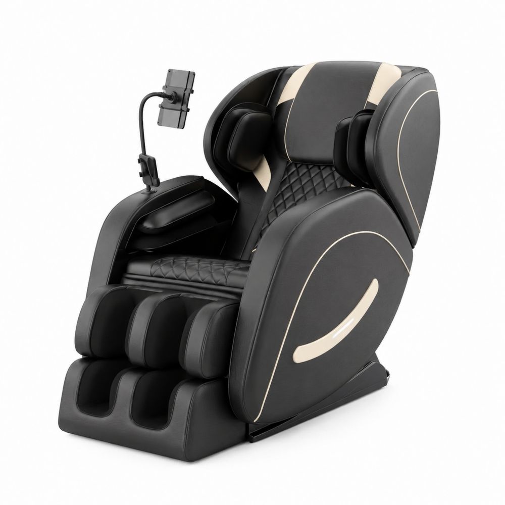 Fauteuil de massage en cuir synthétique noir et beige avec support tablette