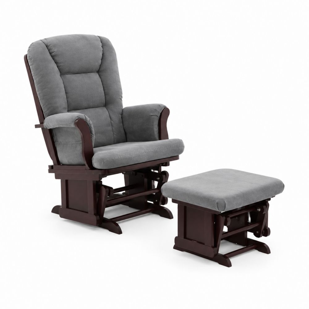 Fauteuil berçant et repose-pieds en bois et tissu gris