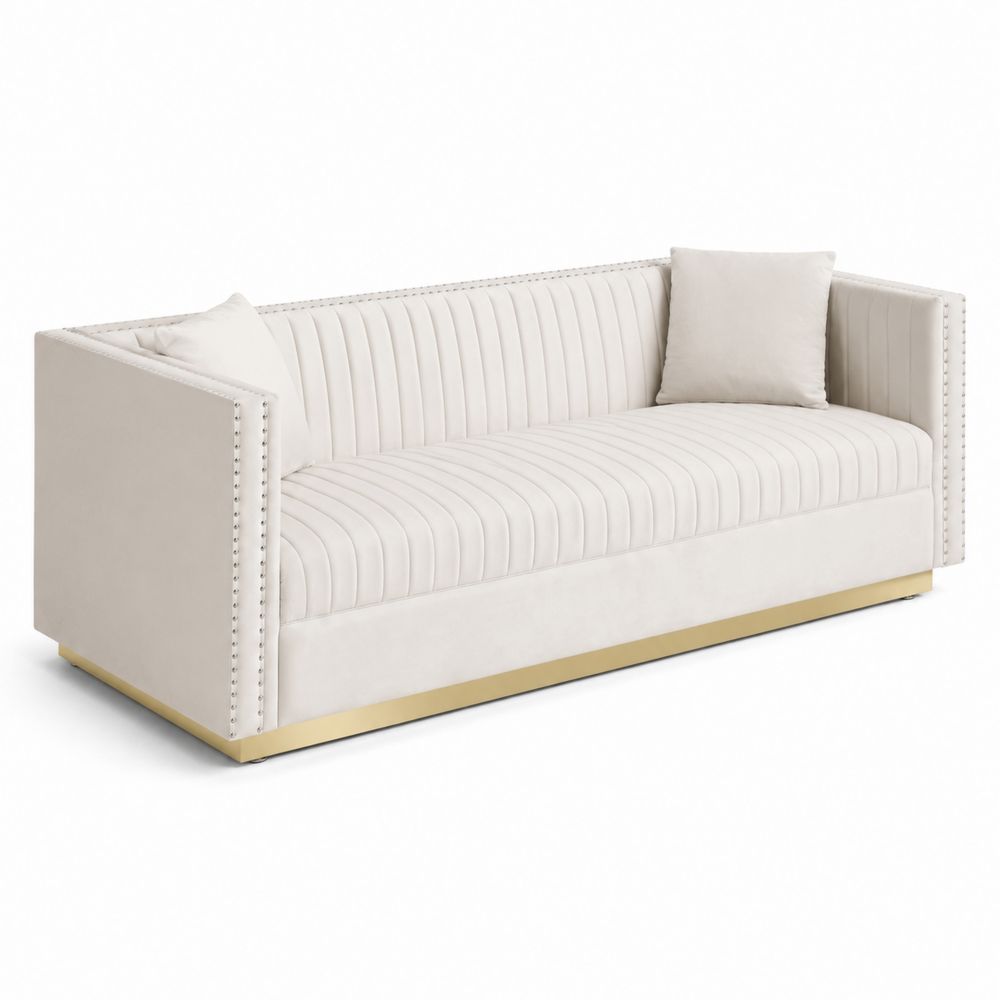 Canapé droit en velours Beige 3 places avec base en métal doré