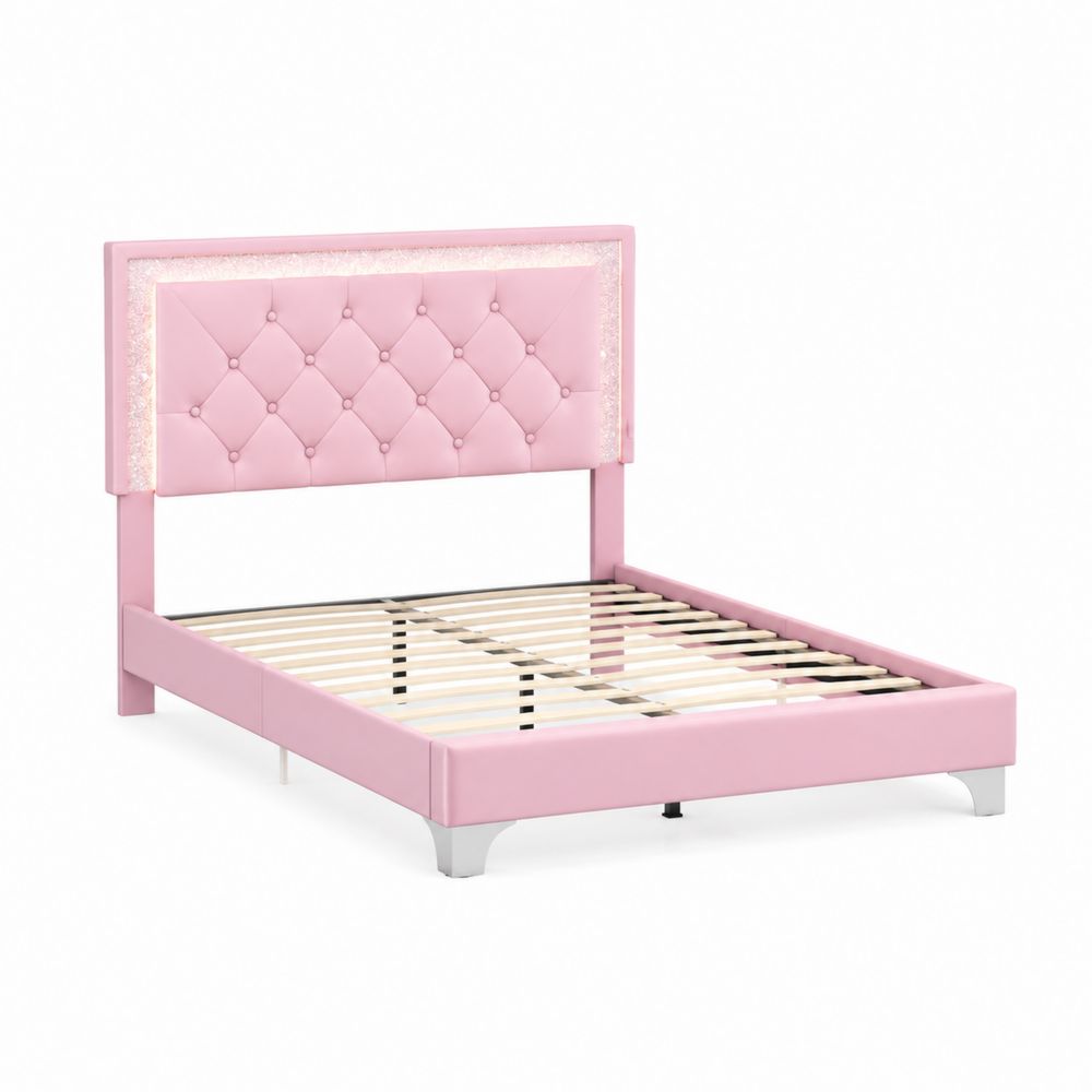 Lit simple en bois avec tête de lit capitonnée 90x200 cm Rose