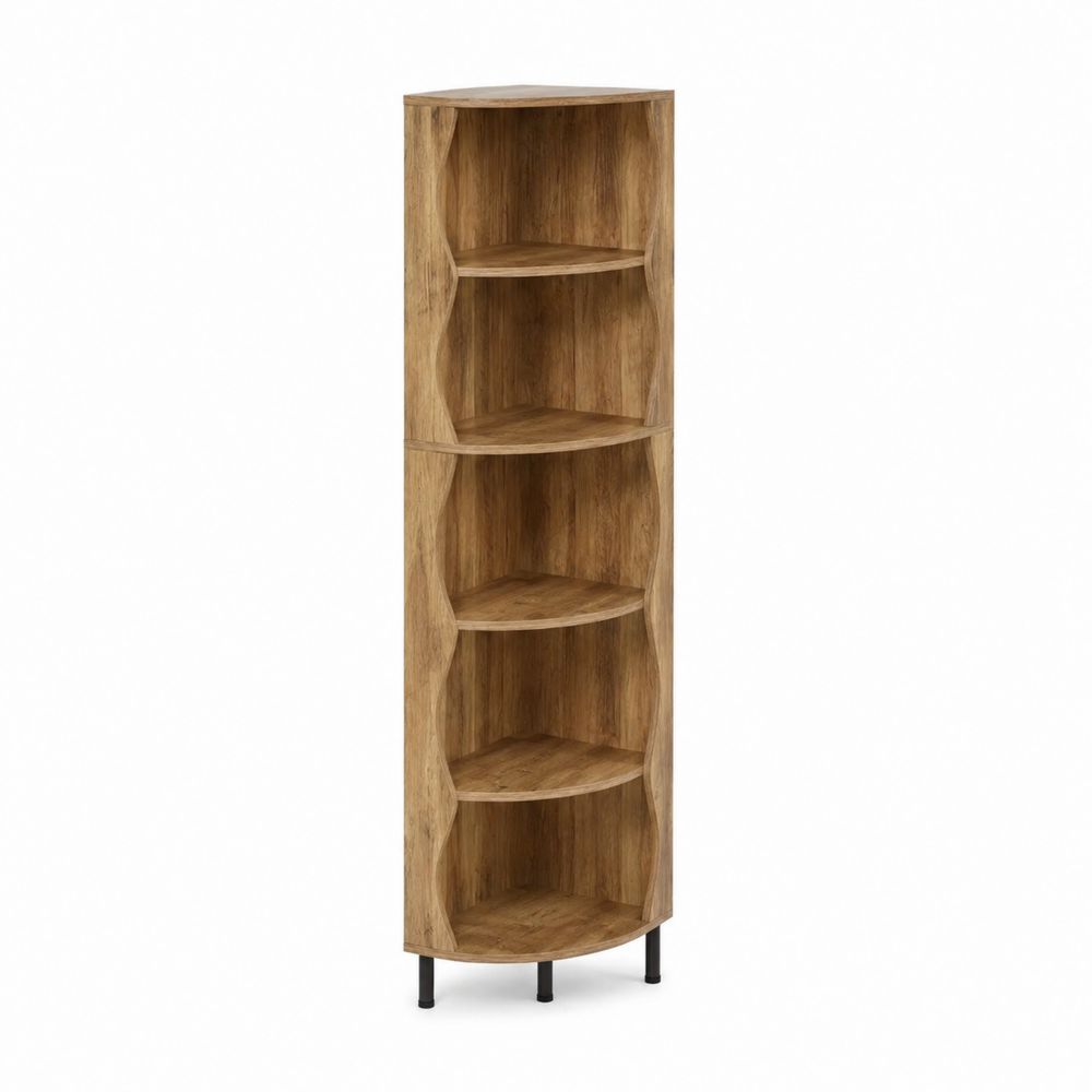Étagère d'angle 4 niveaux en bois MDF chêne avec pieds en métal