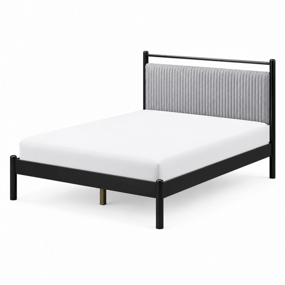 Lit double en métal avec tête de lit en tissu gris