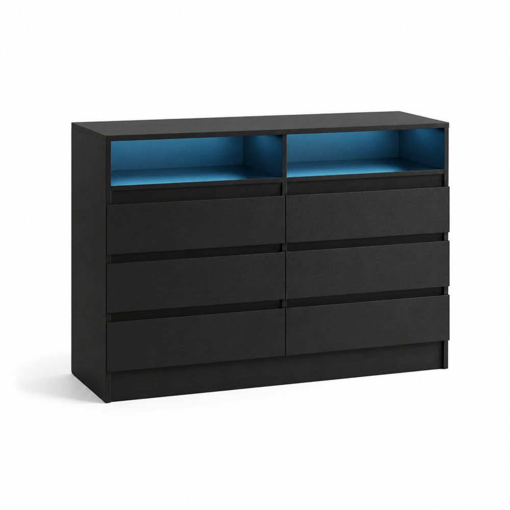 Commode en Bois Noir avec 6 Tiroirs et Compartiments Ouverts