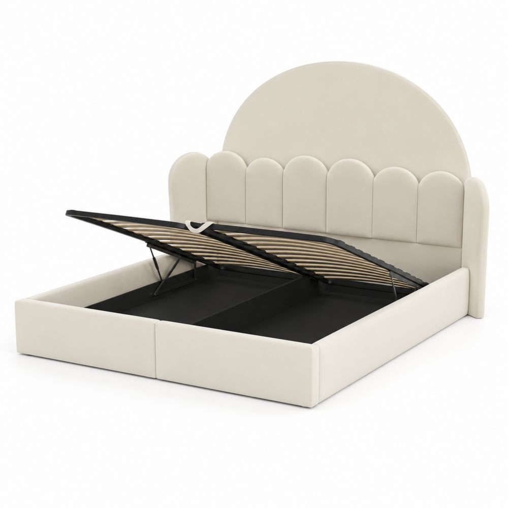 Lit double en cuir synthétique avec rangement, Beige, 140x200 cm