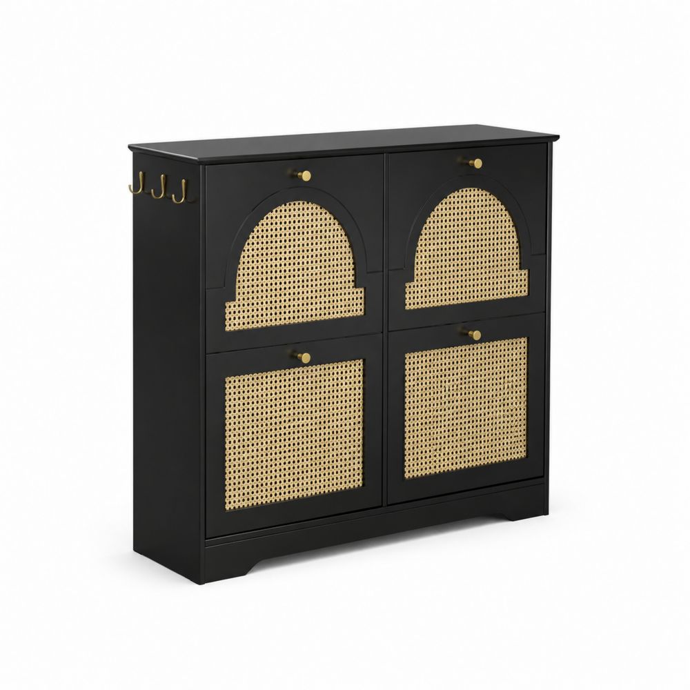 Buffet en bois noir avec portes en rotin