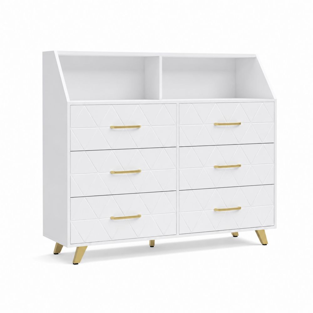 Commode double en bois MDF blanc avec poignées en métal doré, 6 tiroirs