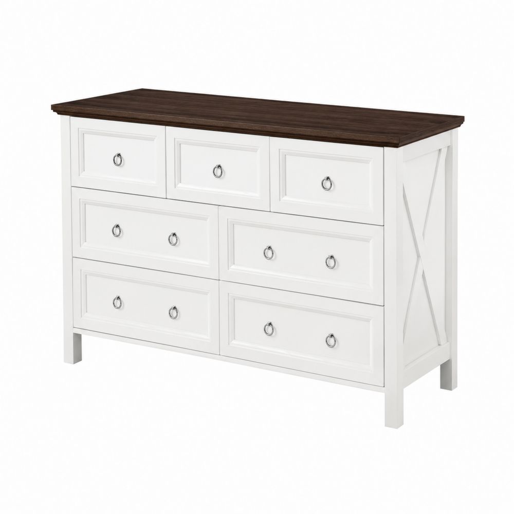 Commode en bois avec 7 tiroirs Blanc/Marron
