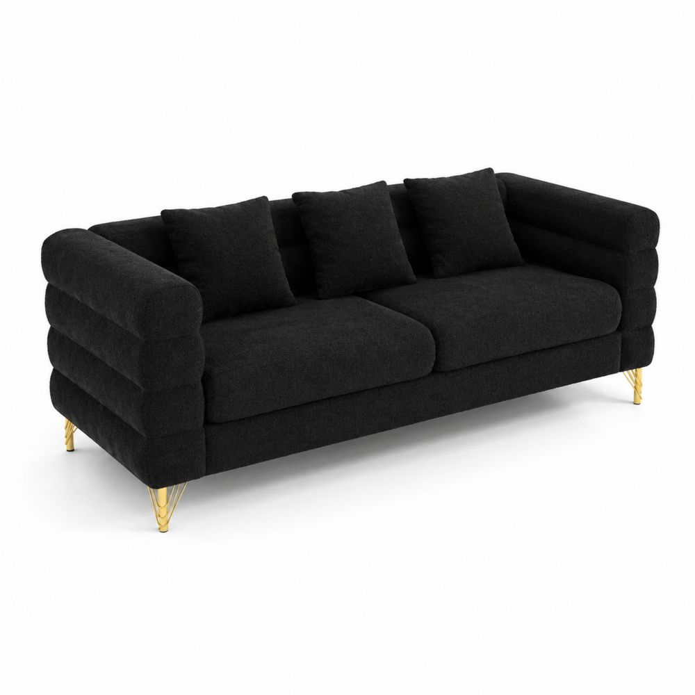 Canapé droit 3 places en tissu Noir avec pieds dorés