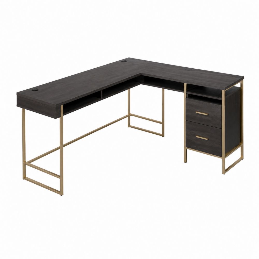 Bureau d'angle en bois noir avec cadre métallique doré