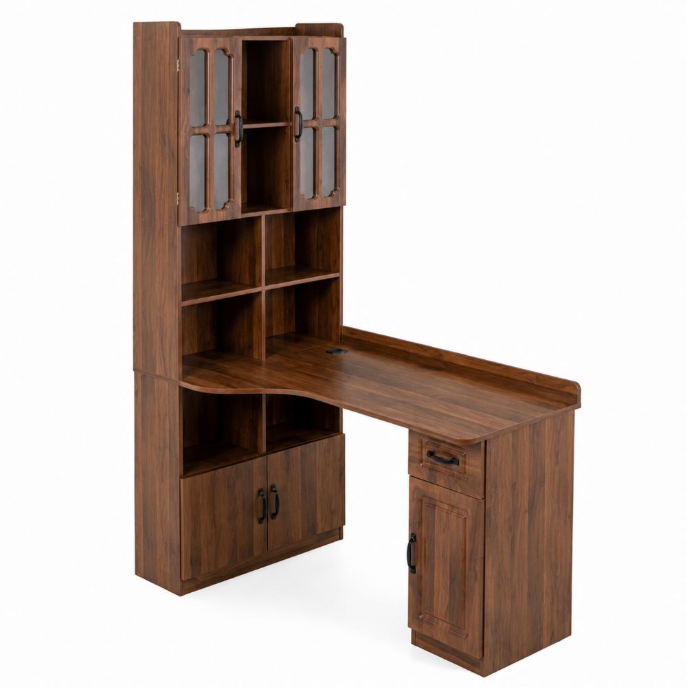 Bureau d'angle en bois MDF avec étagères et vitres en acrylique