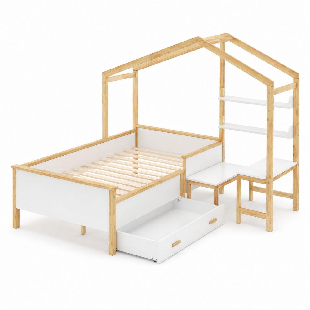Lit enfant bois et MDF avec étagère et tiroir 200x90 cm