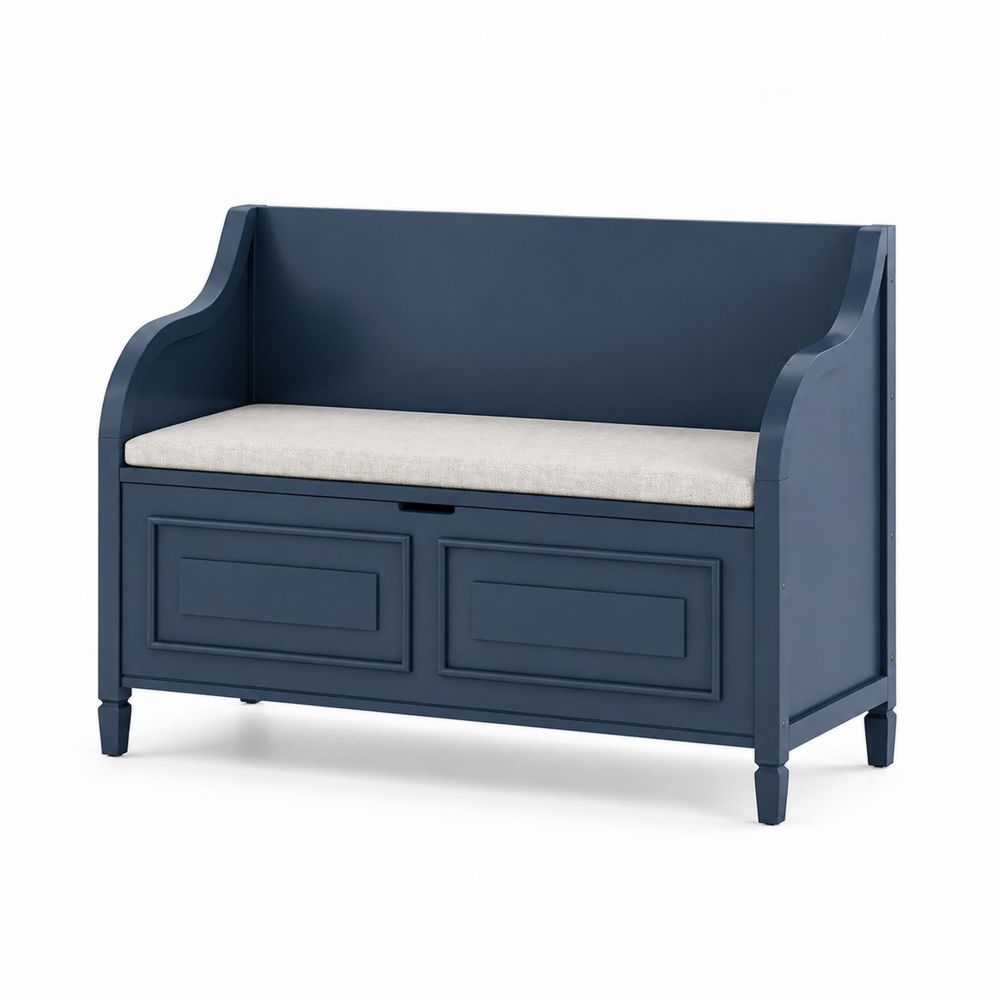 Banc en bois avec rangement et assise en tissu, Bleu