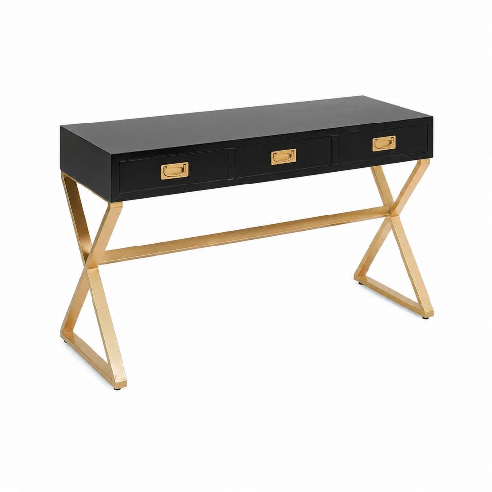 Console rectangulaire en bois noir avec pieds en métal doré et 3 tiroirs