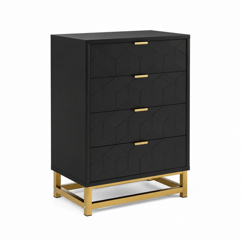Commode haute 4 tiroirs noir en bois et métal doré