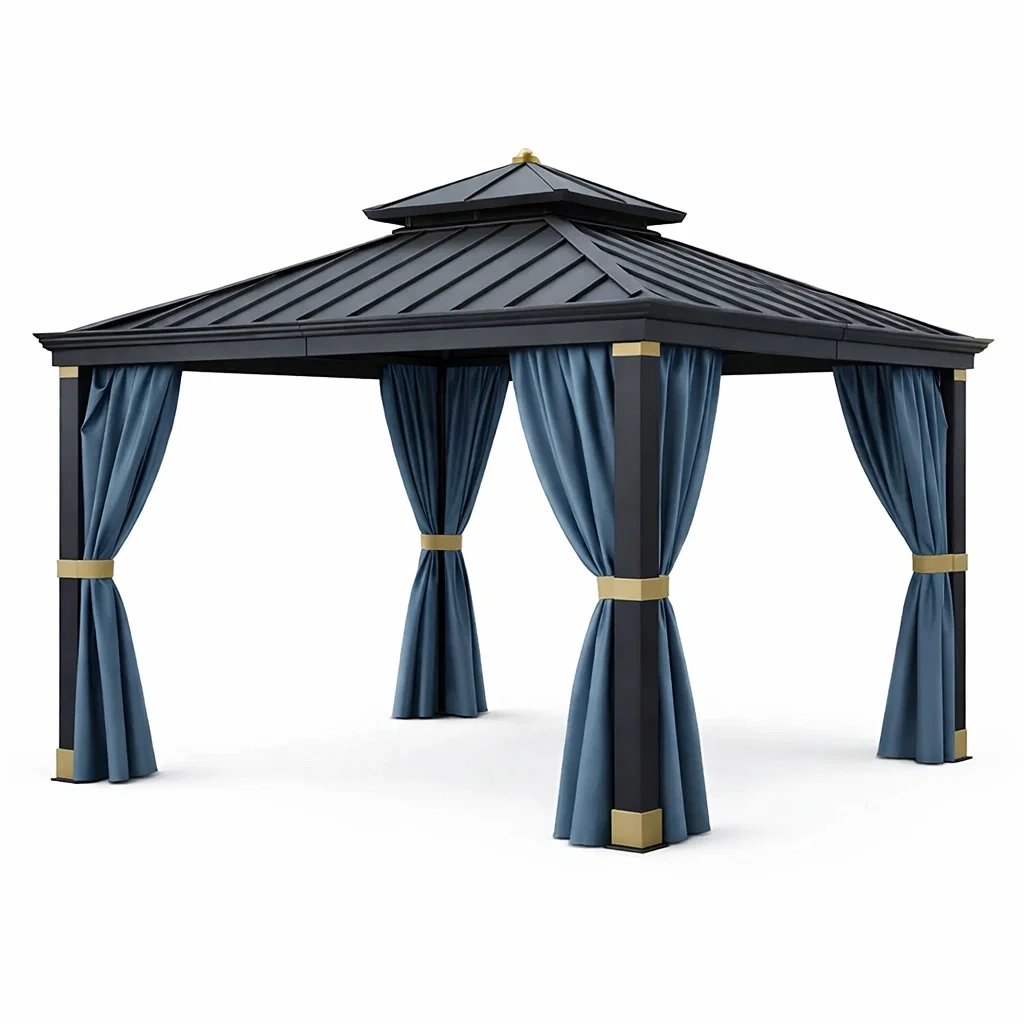 Aluminium Gartenpavillon mit Polyester-Vorhängen 300x300x270 cm Dunkelgrau/Blau-Homelito