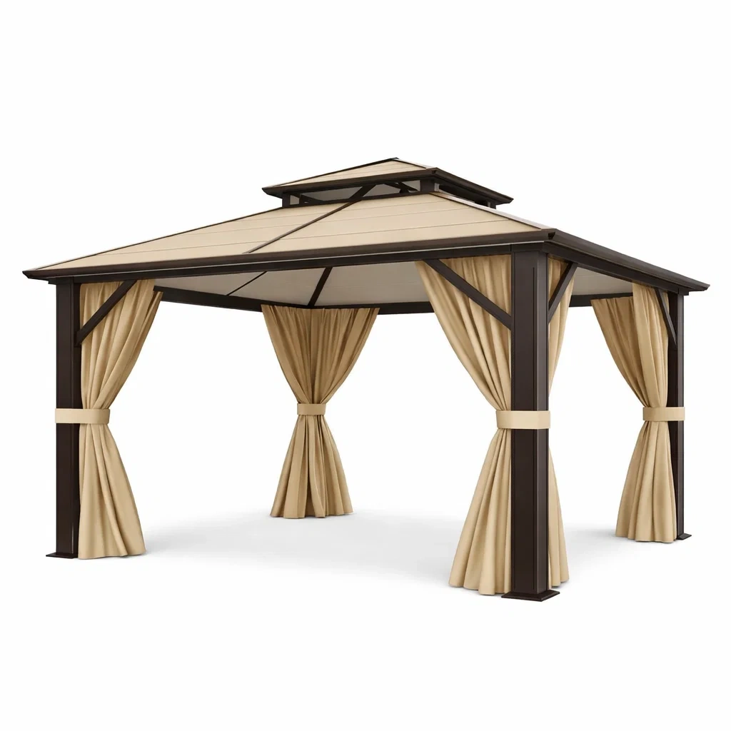 Pavillon Stahl mit Polyester Vorhängen Dunkelbraun Beige-Homelito