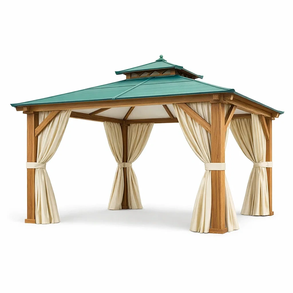 Pavillon aus Holz mit grünem Metalldach und beigen Vorhängen-Homelito