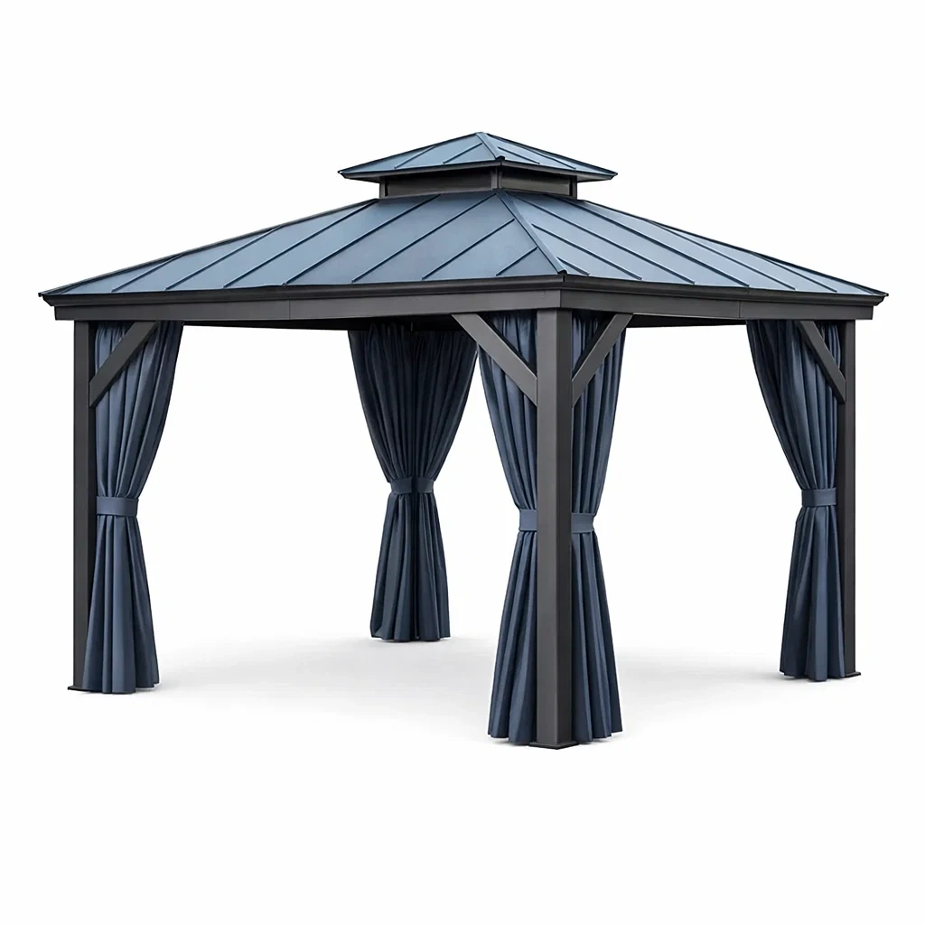 Pavillon aus Aluminium mit Stahl-Dach und Polyester-Vorhängen Blau-Homelito