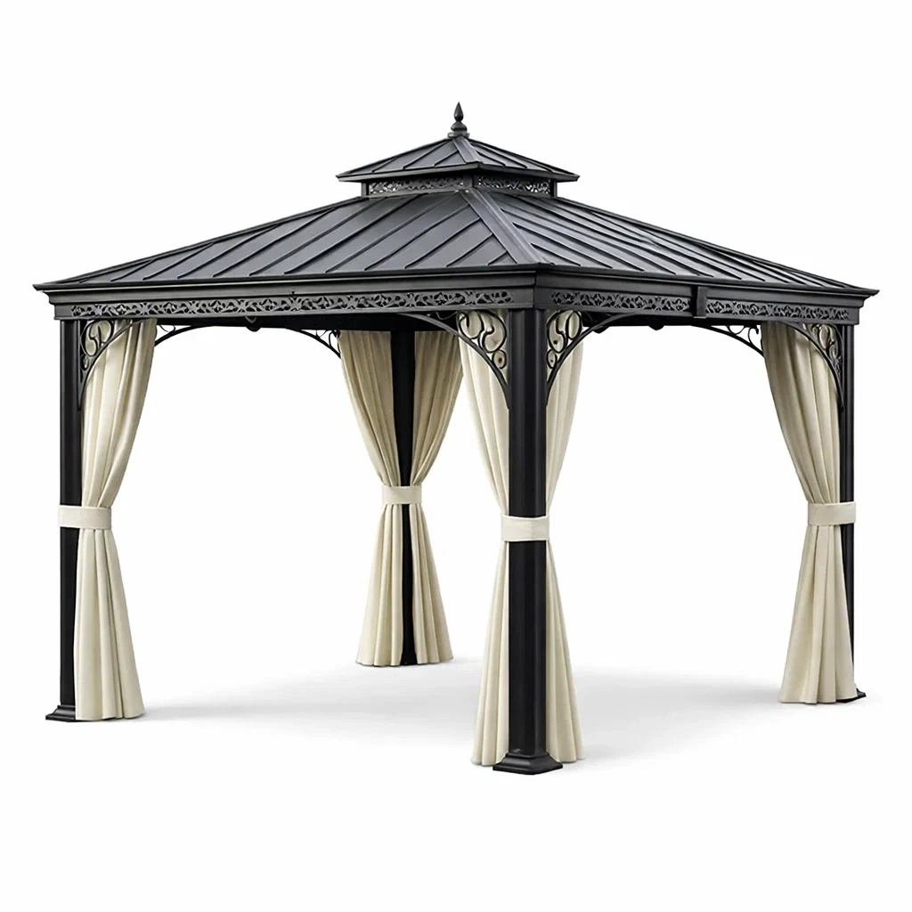 Metallpavillon 3x3m mit Vorhängen Schwarz Beige-Homelito