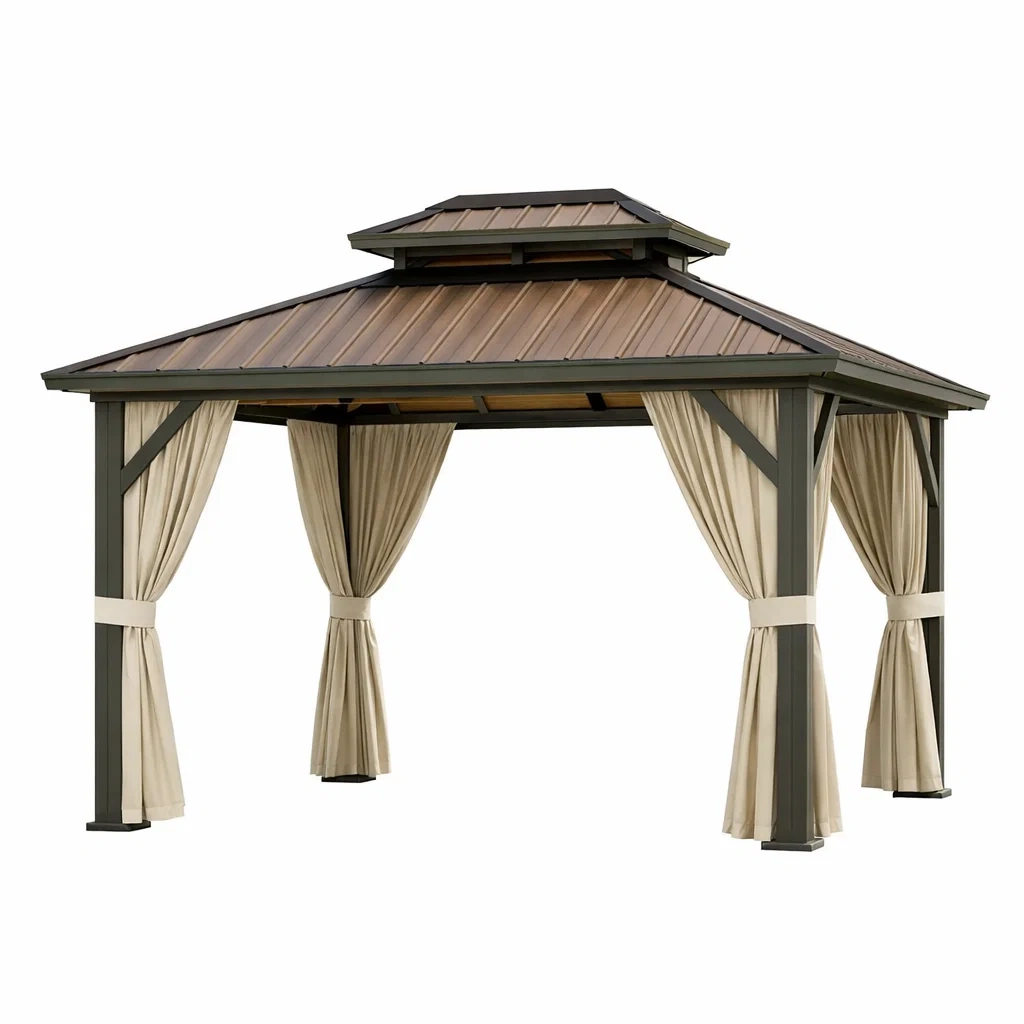 Metall Pavillon mit Polycarbonatdach und Vorhänge Beige-Homelito
