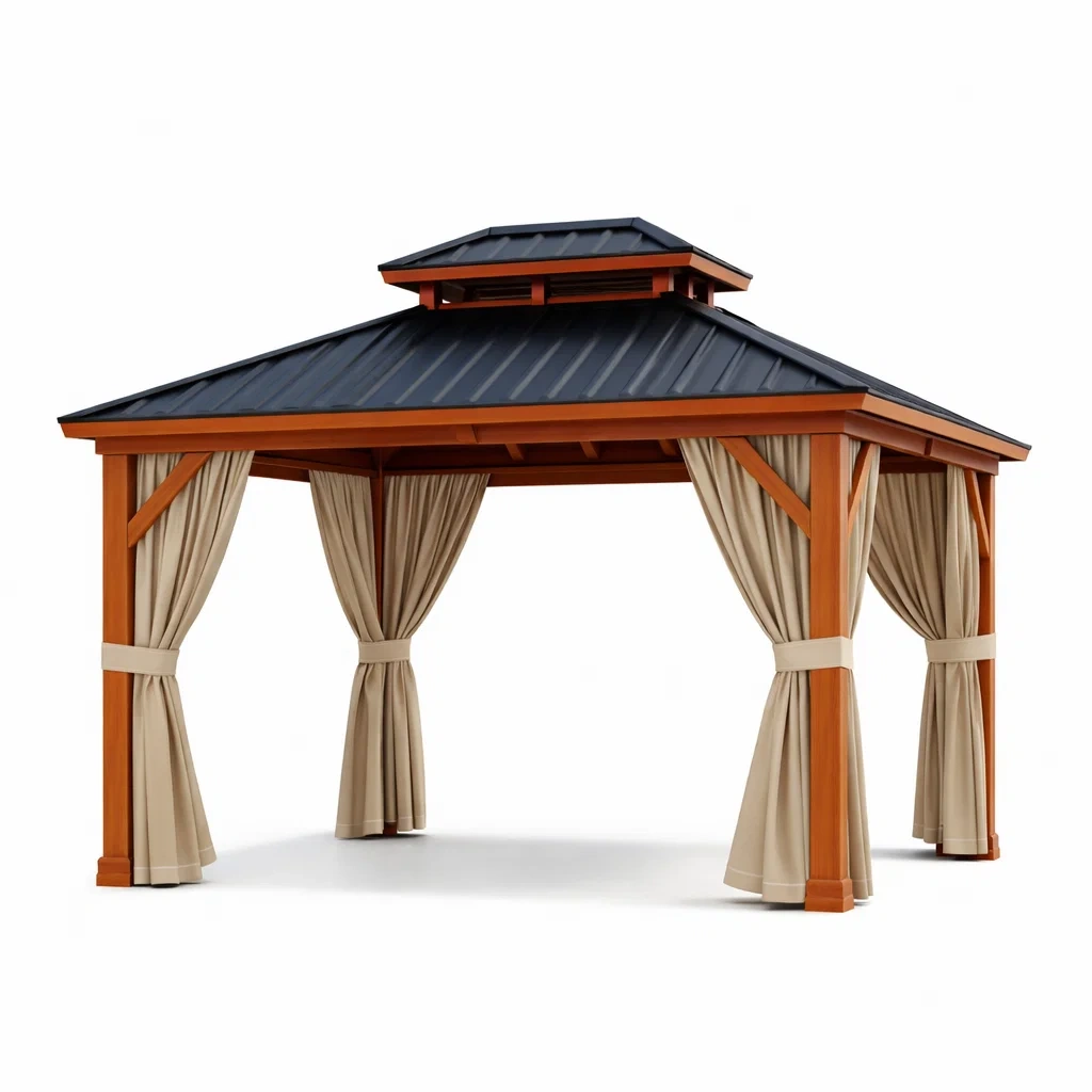 Holz Pavillon mit Aluminium Stützen und Polyester Vorhänge-Homelito