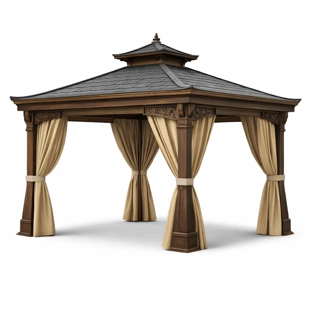 Holzpavillon mit Dach aus Metall und Polyester-Vorhängen 300x300x280 cm Braun/Beige-Homelito