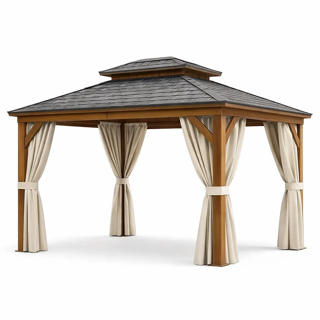 Holzpavillon mit Stahlblechdach und Vorhängen 300x400cm Beige/Dunkelgrau-Homelito