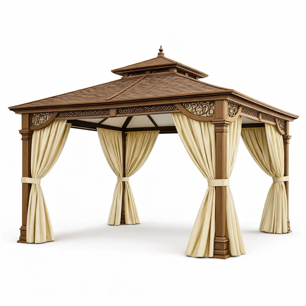 Holzpavillon mit Polyester-Vorhängen Braun/Beige 300x300x270 cm-Homelito