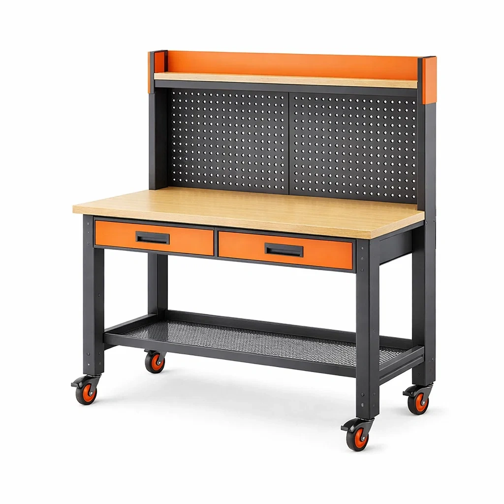 Werkbank mit Rollen, Holzplatte und Stahlrahmen, 2 Schubladen, Orange/Schwarz-Homelito