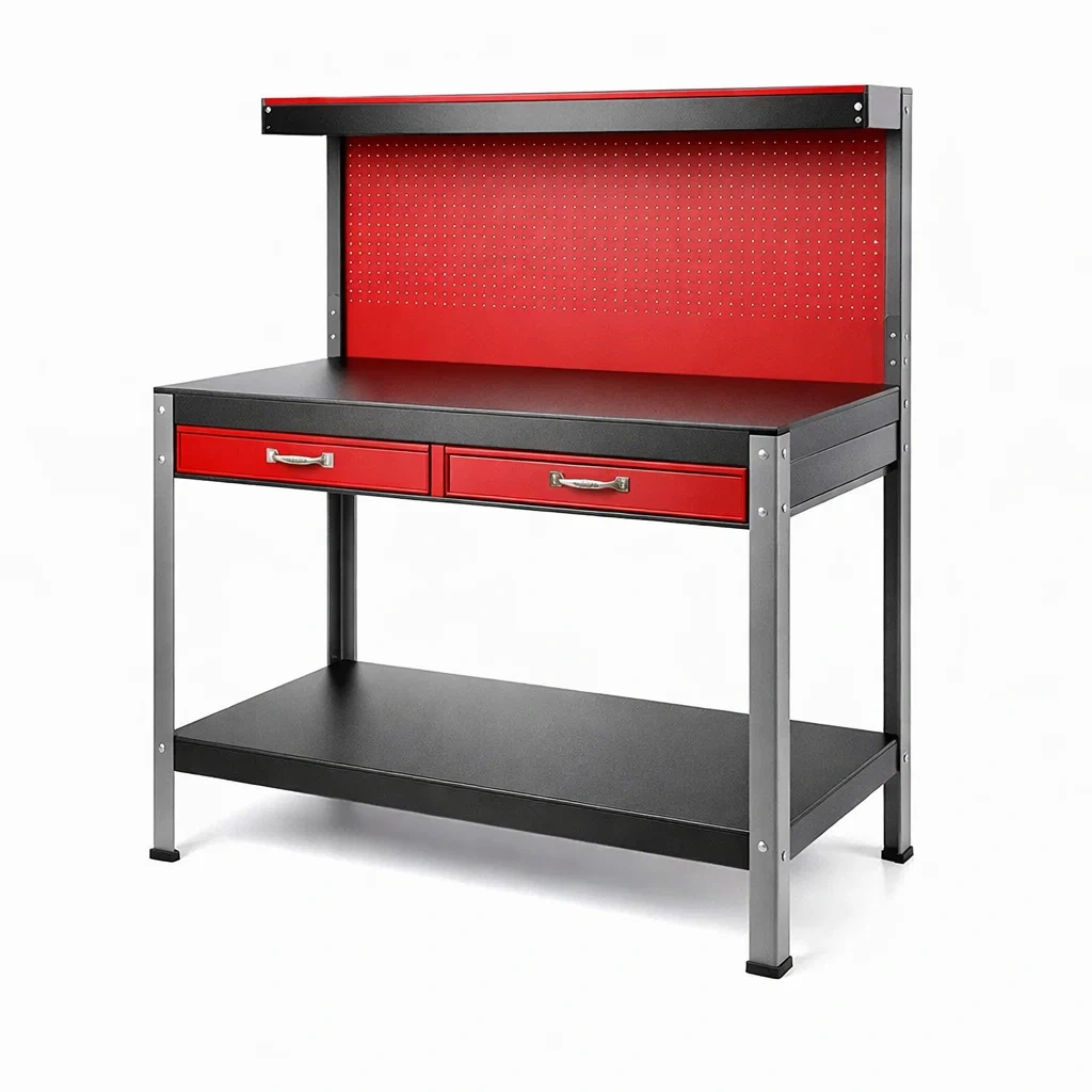 Metallwerkbank mit zwei Schubladen und Lochwand in Rot/Schwarz-Homelito