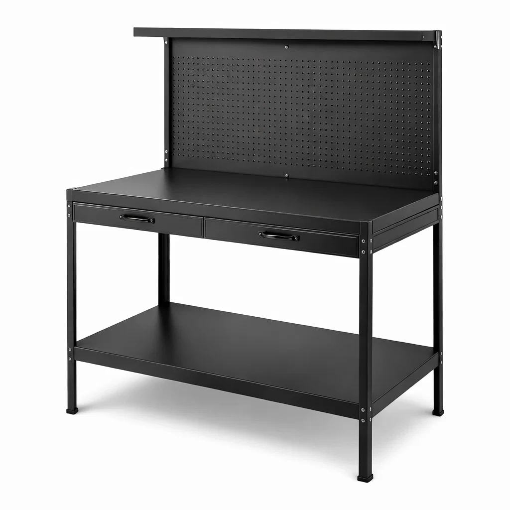 Stahl Werkbank mit Lochwand und Schubladen Schwarz 120 cm-Homelito