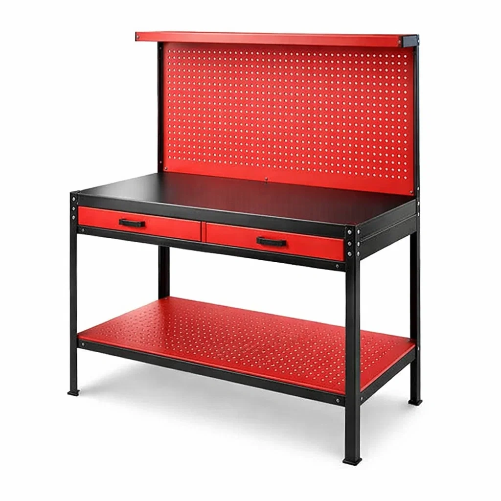 Metallwerkbank mit MDF und Lochwand in Rot und Schwarz-Homelito