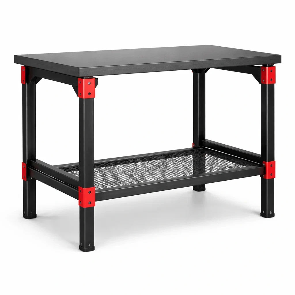 Stahl Werkbank mit Gitterablage Schwarz/Rot 140x65x95 cm-Homelito