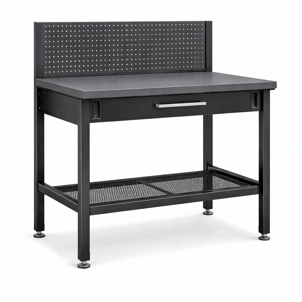 Arbeitstisch aus Stahl mit Schublade und Lochwand Schwarz 120cm-Homelito