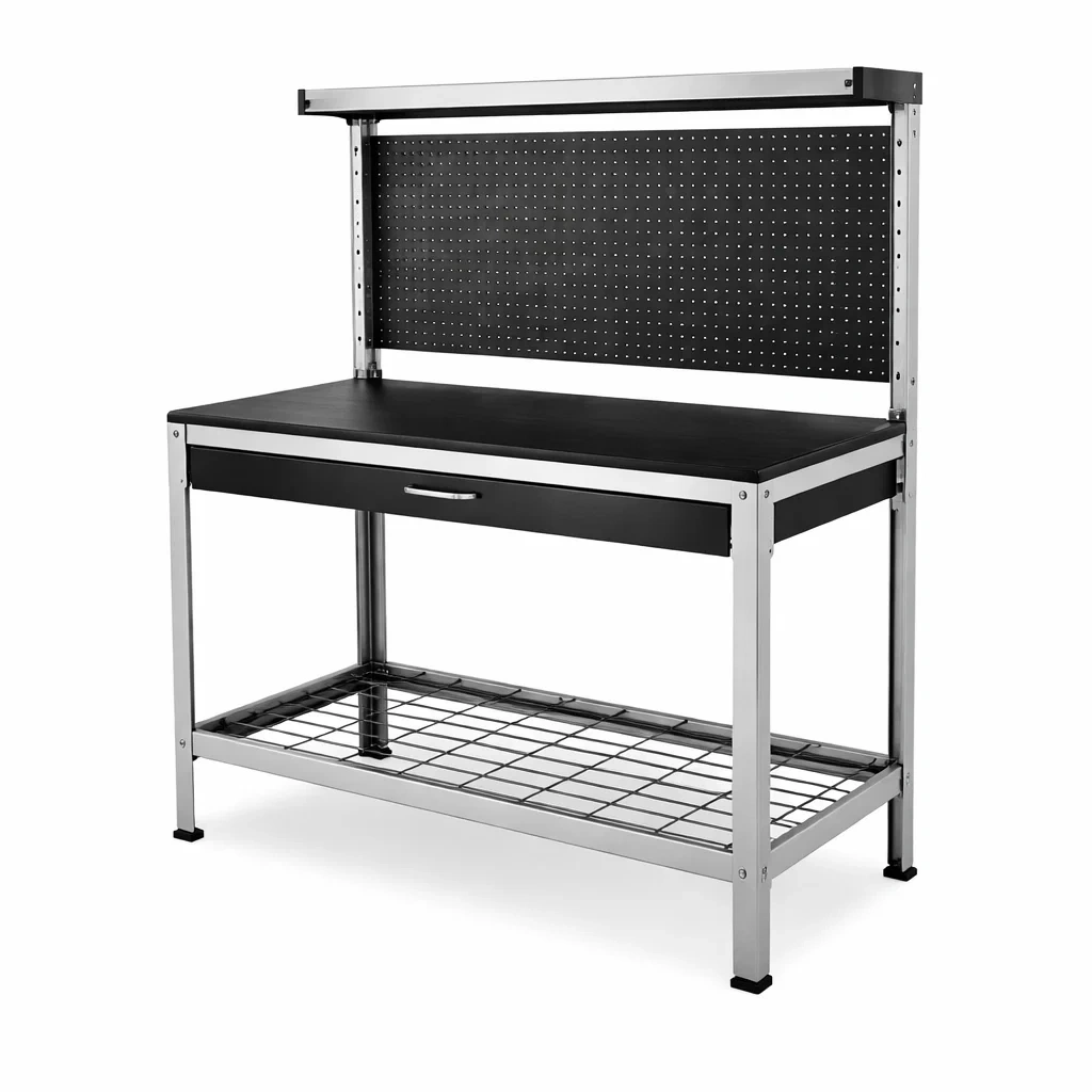 Edelstahl Werkbank mit Lochwand und Schublade 120x60x150 cm Schwarz/Silber-Homelito