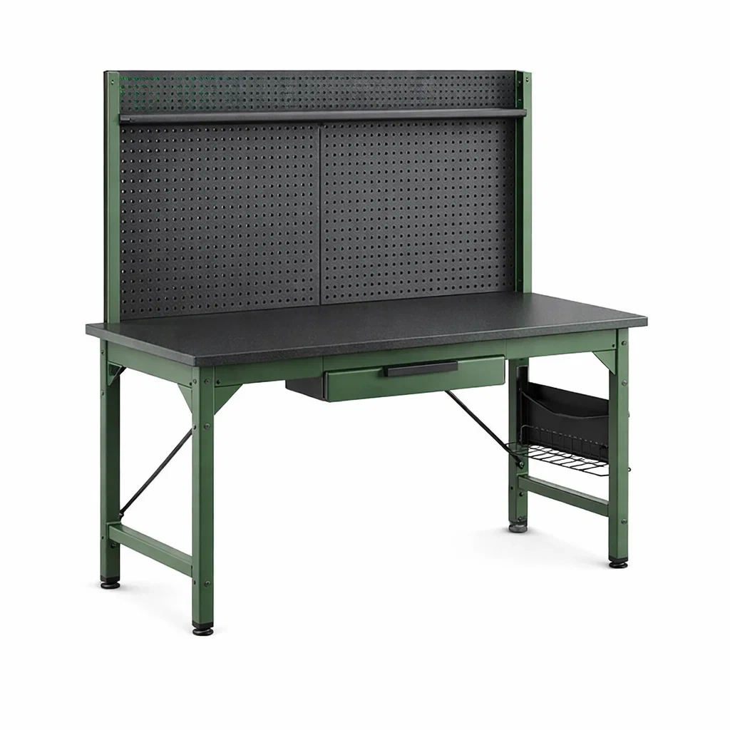 Stahl Werkbank mit Lochwand und Schublade Grün/Schwarz 140x60x153cm-Homelito