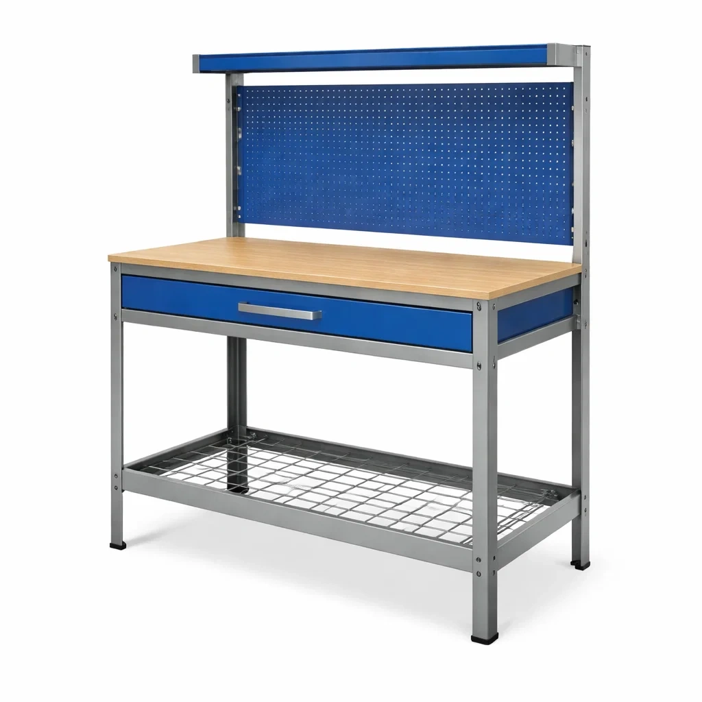 Stahl Werkbank mit Holzplatte und Schublade Blau-Homelito