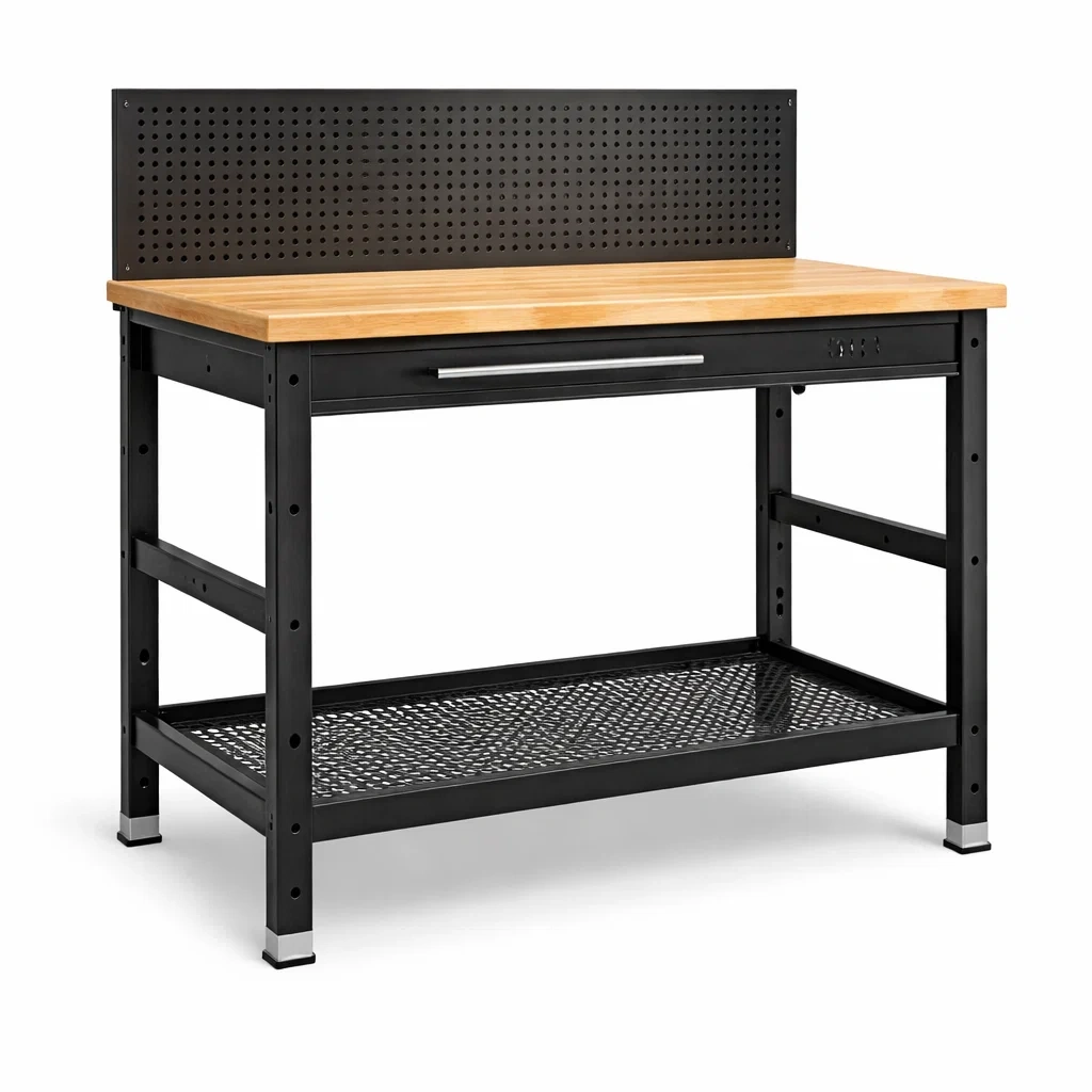 Werkbank mit Holzplatte und Metallrahmen Schwarz 120x60x150cm-Homelito
