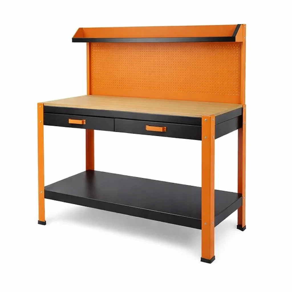 Arbeitsbank aus Holzwerkstoff und Metall mit 2 Schubladen in Orange/Schwarz-Homelito