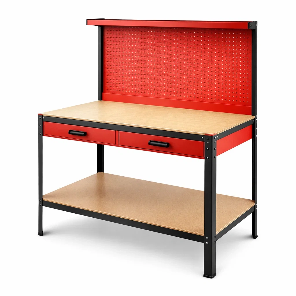 Werkbank aus Stahl und MDF mit Schubladen Rot/Schwarz-Homelito