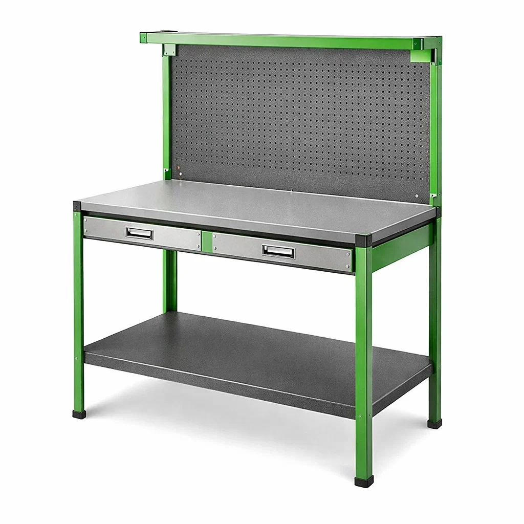 Stahl-Werkbank mit MDF-Arbeitsfläche und Lochwand, 120x60x150 cm, Grün/Schwarz-Homelito