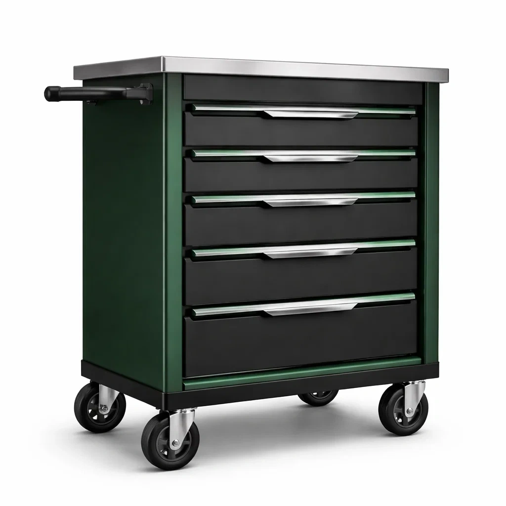 Metall-Werkzeugwagen mit 5 Schubladen, Schwarz/Grün, 85 cm Höhe-Homelito