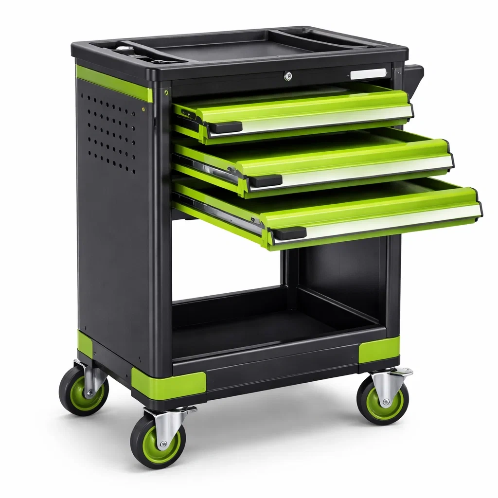 Stahl Werkzeugwagen mit 3 Schubladen, Grün/Schwarz, 70 cm Höhe-Homelito