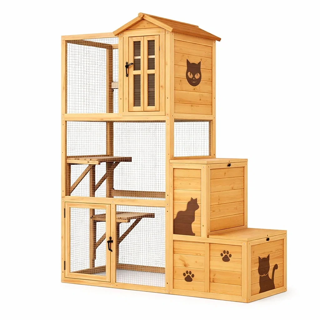 Holz Katzenhaus mit Plattformen und Treppe-Homelito