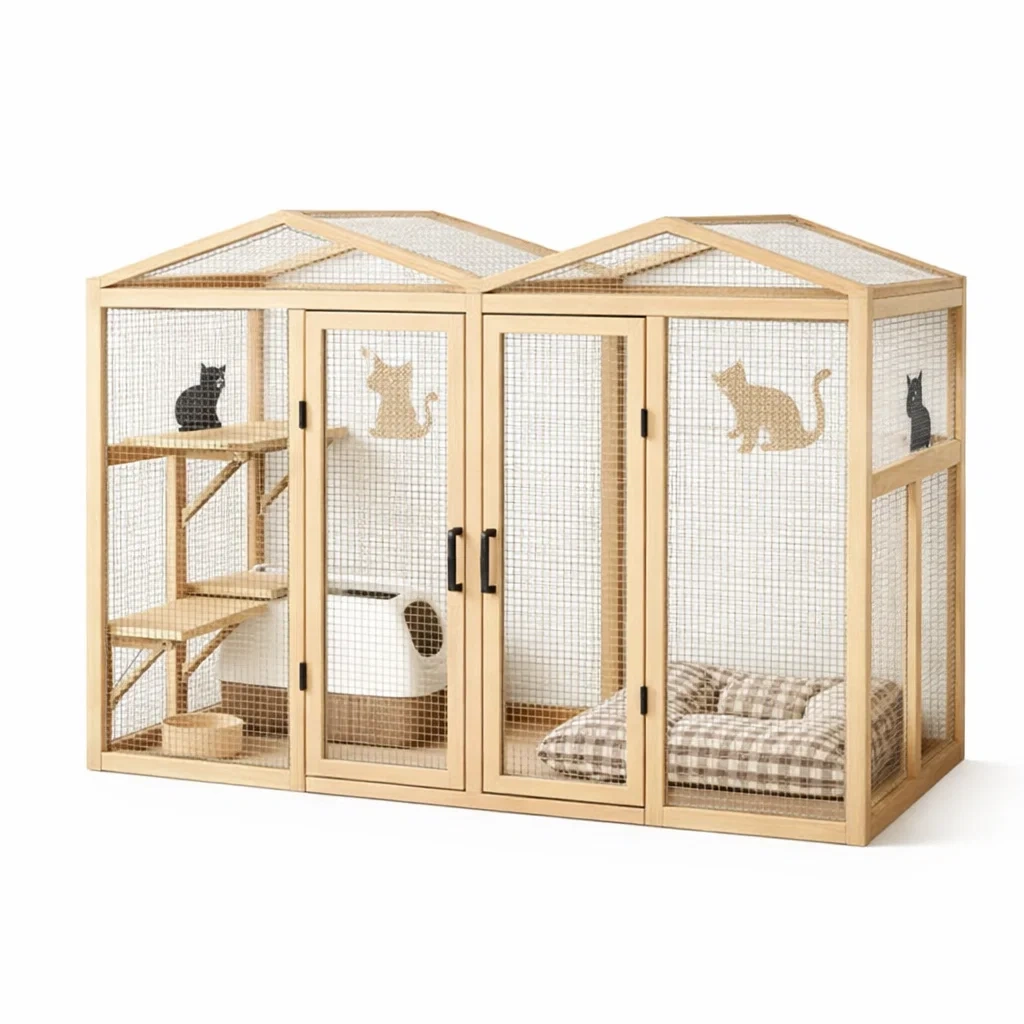 Holz Katzenhaus mit Gittertüren und Schlafbereich-Homelito